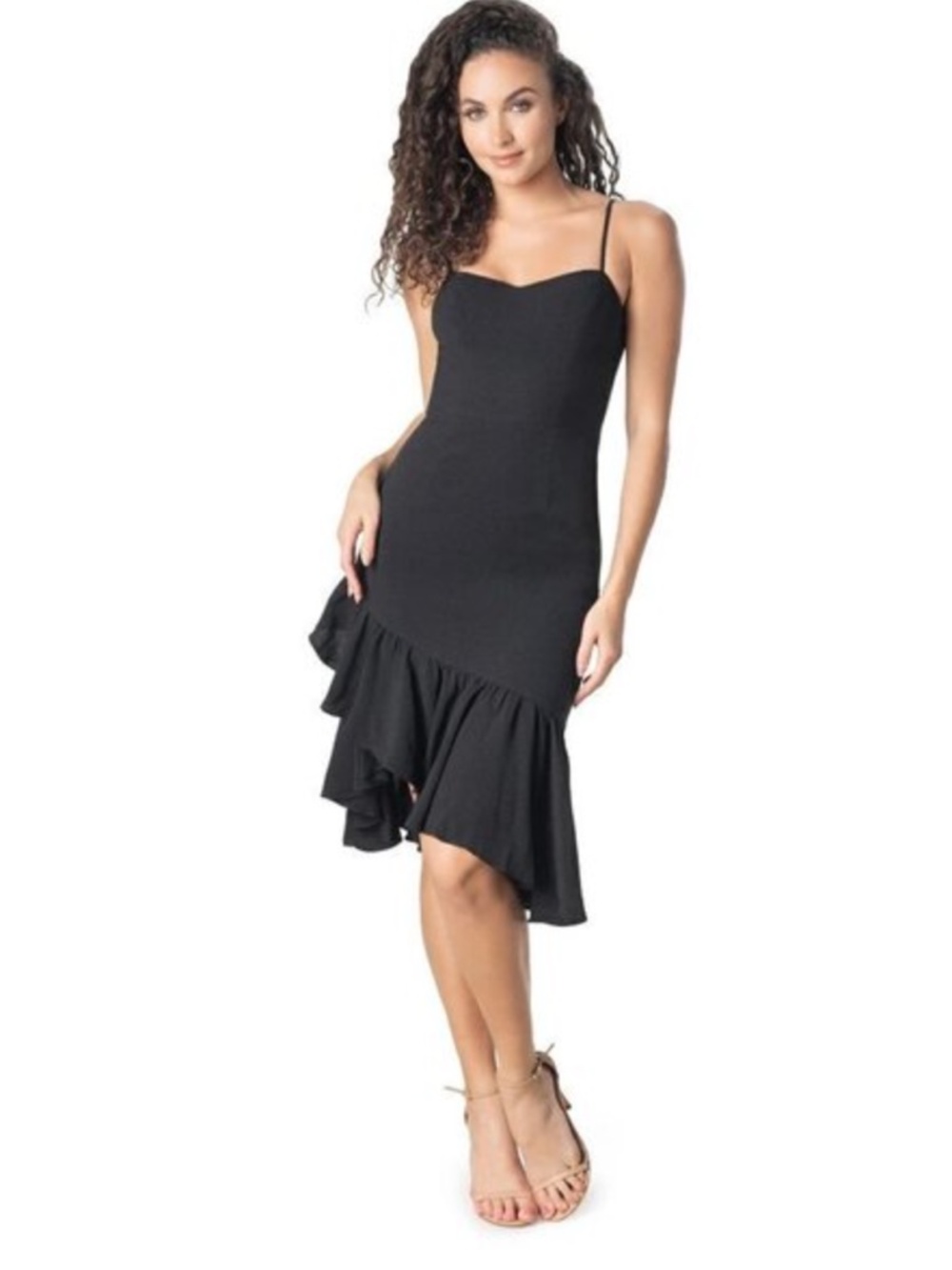 Dress the Population Cantrelle Dress, Black, XXS, Ruffle-Hem Spaghetti Strap NWT